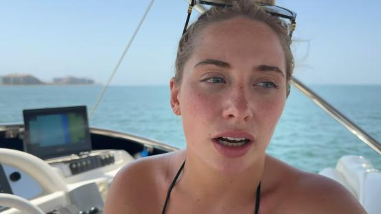 Saffron Barker on a boat, visibly upset.