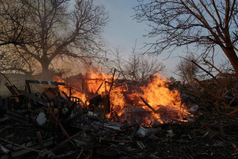 Burning house in Kramatorsk, Ukraine.