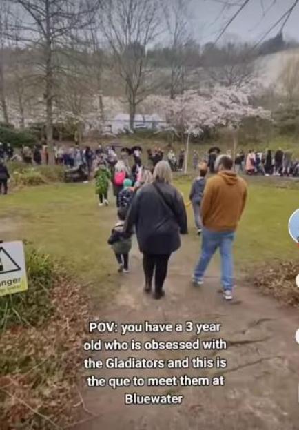 Long queue of people waiting to meet the Gladiators at Bluewater.