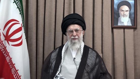 June 18, 2025, Tehran, Iran: Iranian Supreme Leader Ayatollah ALI KHAMENEI in a televised speech, under a portrait of the late revolutionary founder Ayatollah Khomeini. Israel and Iran have been exchanging fire since Israel launched strikes across Iran on 13 June 2025 as part of Operation 'Rising Lion. 18 Jun 2025 Pictured: June 18, 2025, Tehran, Iran: Iranian Supreme Leader Ayatollah ALI KHAMENEI in a televised speech, under a portrait of the late revolutionary founder Ayatollah Khomeini. Israel and Iran have been exchanging fire since Israel launched strikes across Iran on 13 June 2025 as part of Operation 'Rising Lion. Photo credit: ZUMAPRESS.com / MEGA TheMegaAgency.com sales@mega.global