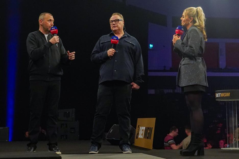 Wayne Mardle, John Part, and Emma Paton at a darts event.