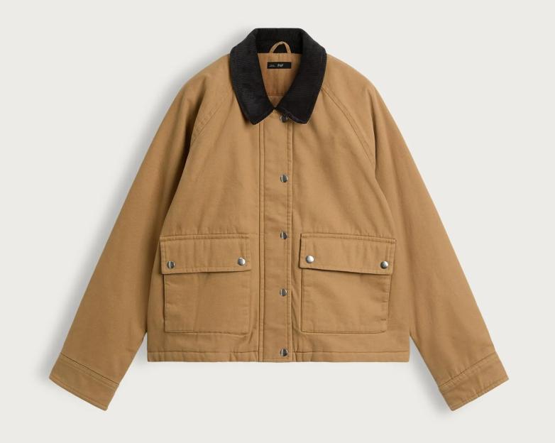Tan jacket with black corduroy collar and snap buttons.