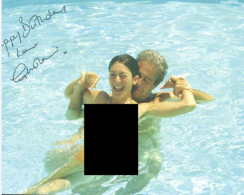 Photo of a man and woman in a swimming pool; the photo is signed "Happy Birthday Ghina."