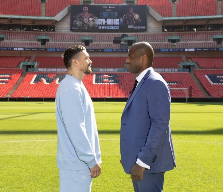 Oleksandr Usyk and Daniel Dubois at Wembley Stadium before their boxing match.