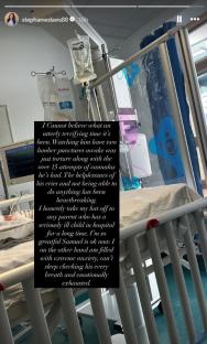 Screenshot of a child's hospital bed with IV bags and medical equipment, accompanied by a caption describing a difficult experience.