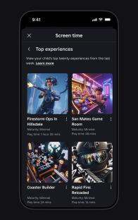 Roblox app screen showing top experiences.