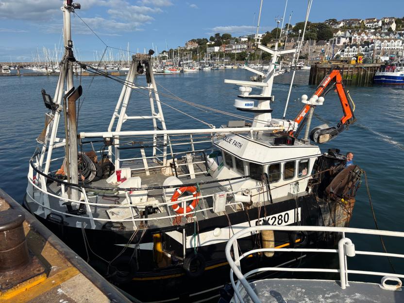 Fishing trawler in harbor.
