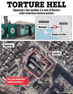 Illustration of Taganrog's Sizo number 2 pre-trail detention facility, identified as a notorious torture prison, with location map.