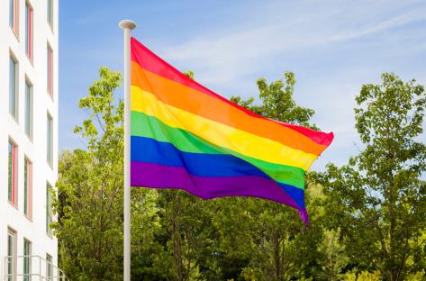 Rainbow LGBTQ+ pride flag flying from a flagpole.