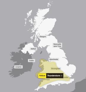 Map of the UK highlighting a yellow thunderstorm warning.