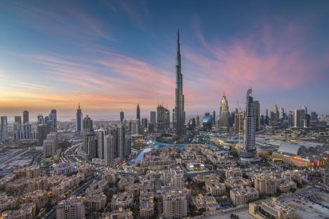 Dubai cityscape at sunset.