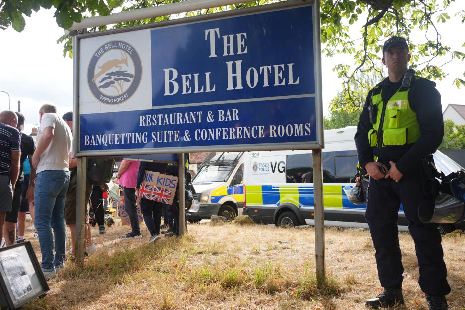 Police and protesters gathered outside the Bell Hotel in Epping.