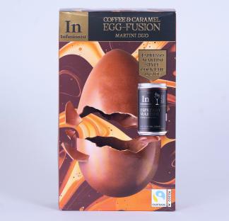Box of coffee and caramel egg-fusion Martini duo chocolate Easter egg with espresso martini inside.