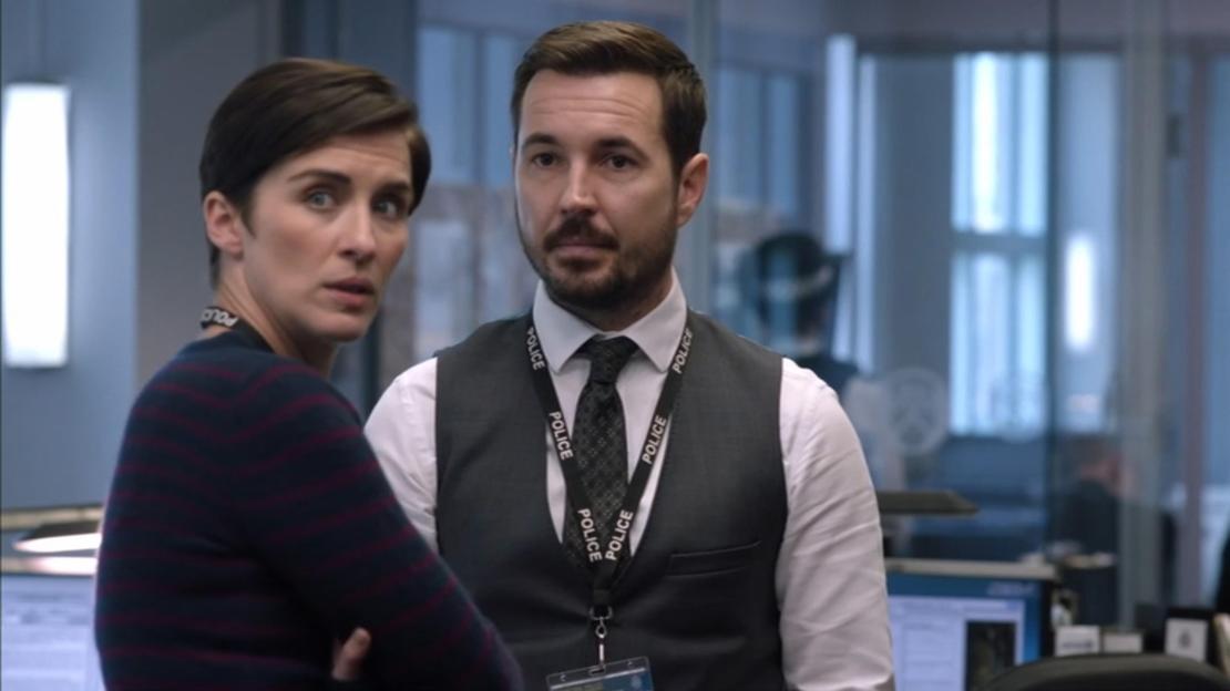 Still image from Line of Duty showing Vicky McClure and Martin Compston.