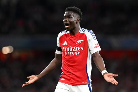 Bukayo Saka of Arsenal reacting after a foul call.