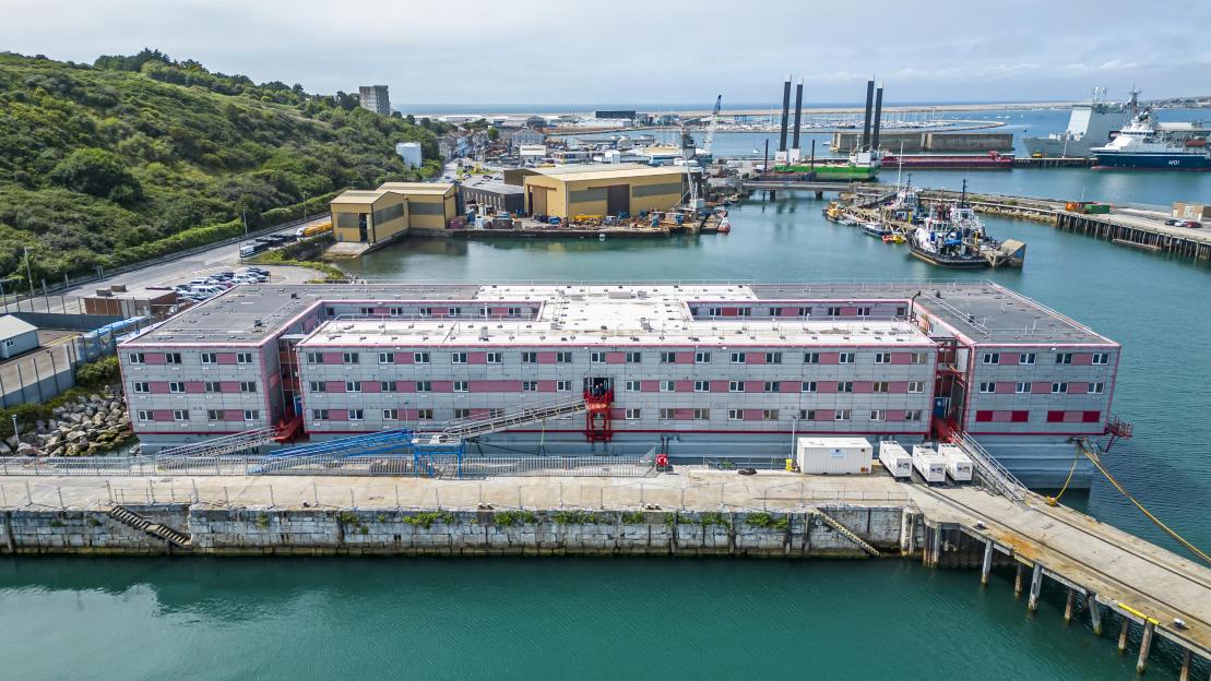 Aerial view of the Bibby Stockholm barge in Portland, Dorset.