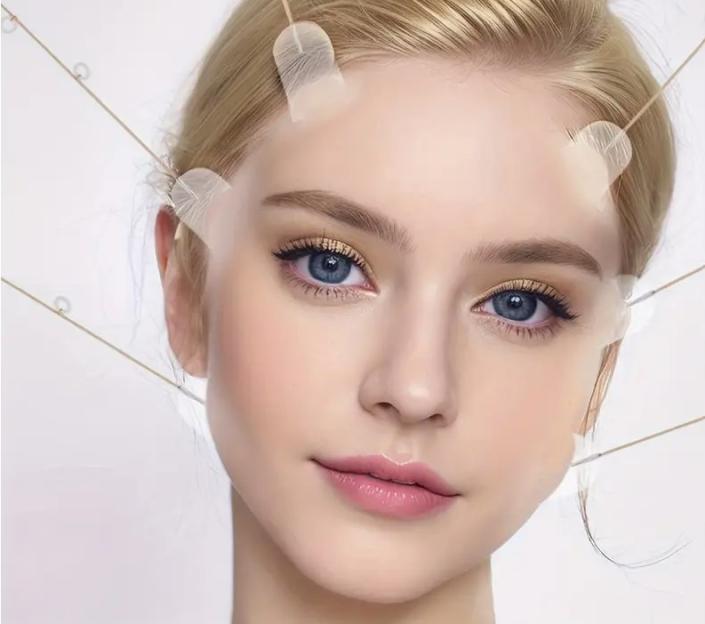 Woman's face with tape-like attachments.