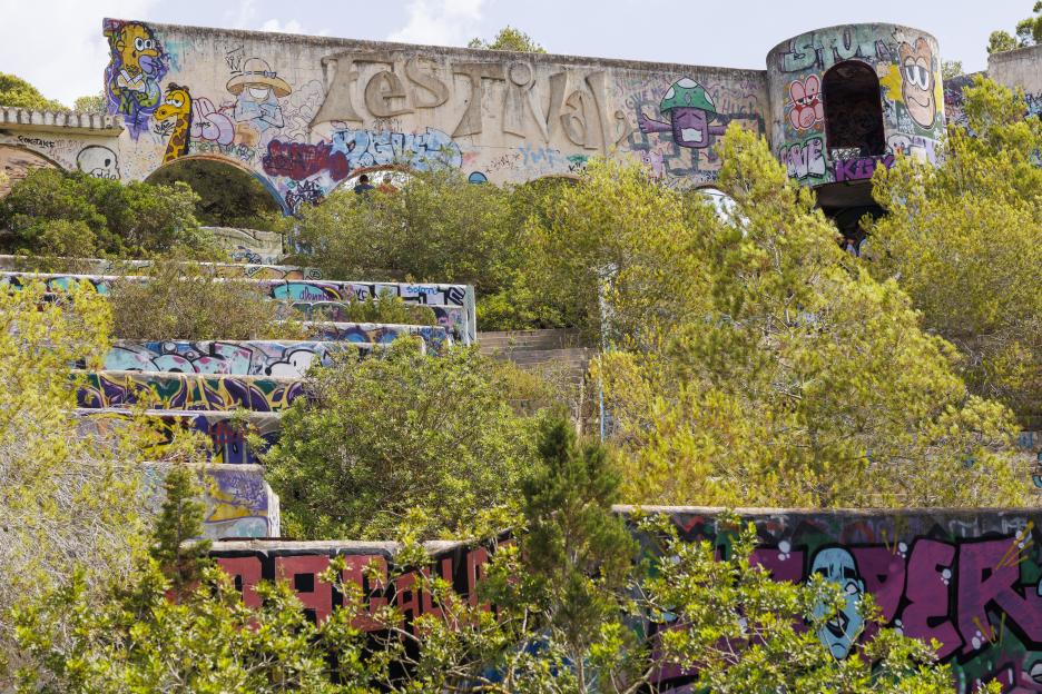 Graffiti-covered ruins of a former Ibiza super club.