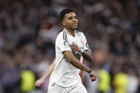 Rodrygo Goes of Real Madrid celebrating after scoring a goal.