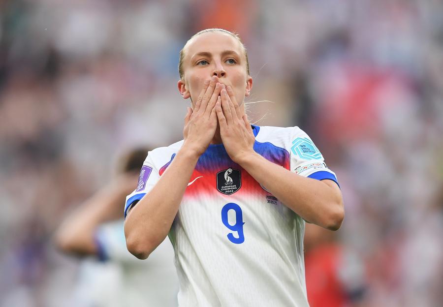 Aggie Beever-Jones of England celebrating a goal.