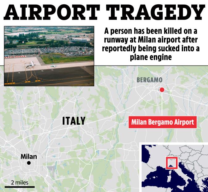 Diagram showing Milan Bergamo Airport location and an aerial view of the runway where a person was killed after being sucked into a plane engine.