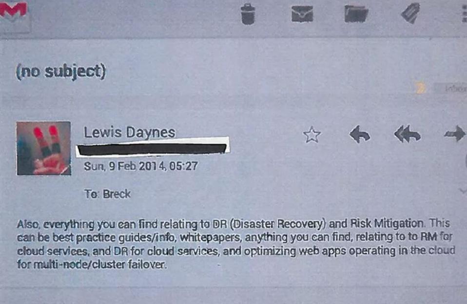 Email from Lewis Daynes to Breck Bednar regarding disaster recovery and risk mitigation.
