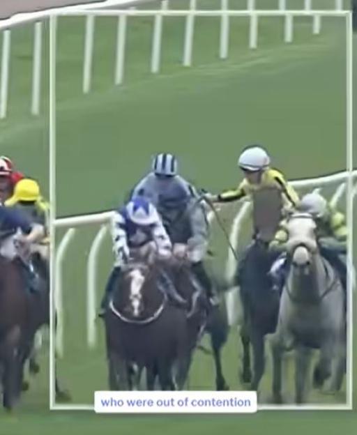 Horse racing incident with a jockey falling off their horse.