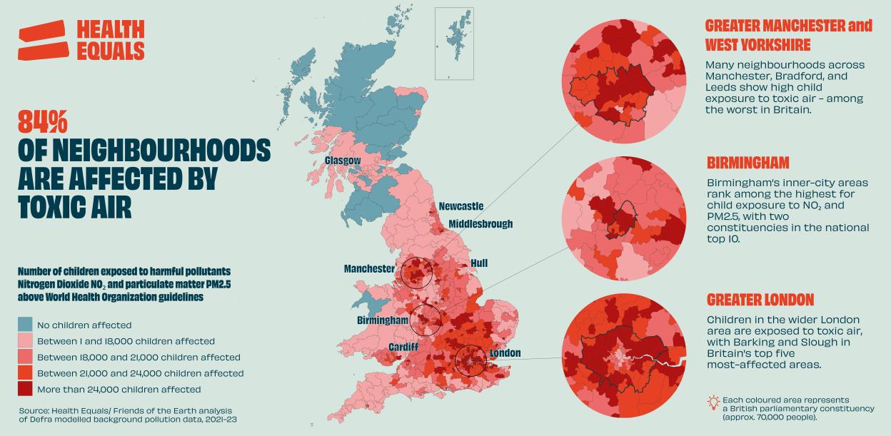 Illustration of UK map highlighting neighbourhoods affected by toxic air, showing high concentrations in major cities.