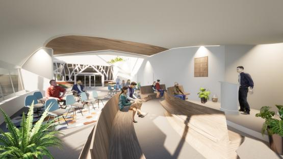 Illustration of a ship's lounge designed for elderly passengers.