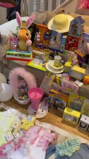 A large pile of Easter-themed gifts and treats.
