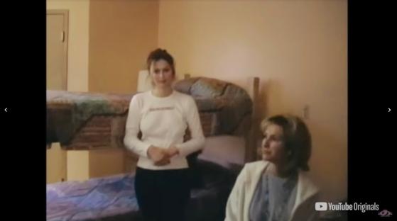 Paris Hilton and a woman in a dorm room.