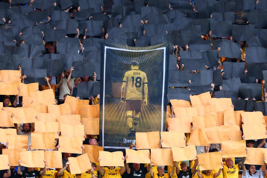 Tifo of Diogo Jota displayed at a Wolverhampton Wanderers soccer match.