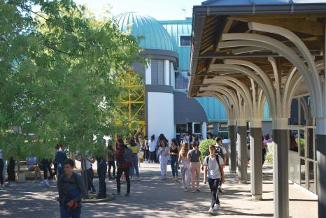 Students gather outside a school building.