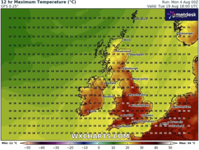 12-hour maximum temperature forecast for the UK and surrounding areas.