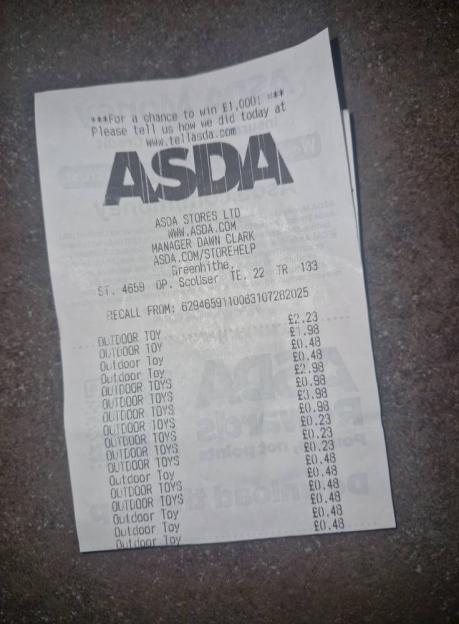 Asda receipt showing multiple purchases of outdoor toys.