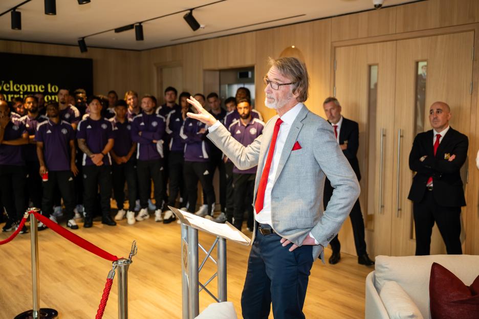Sir Jim Ratcliffe speaking at the opening of a refurbished Manchester United training complex.