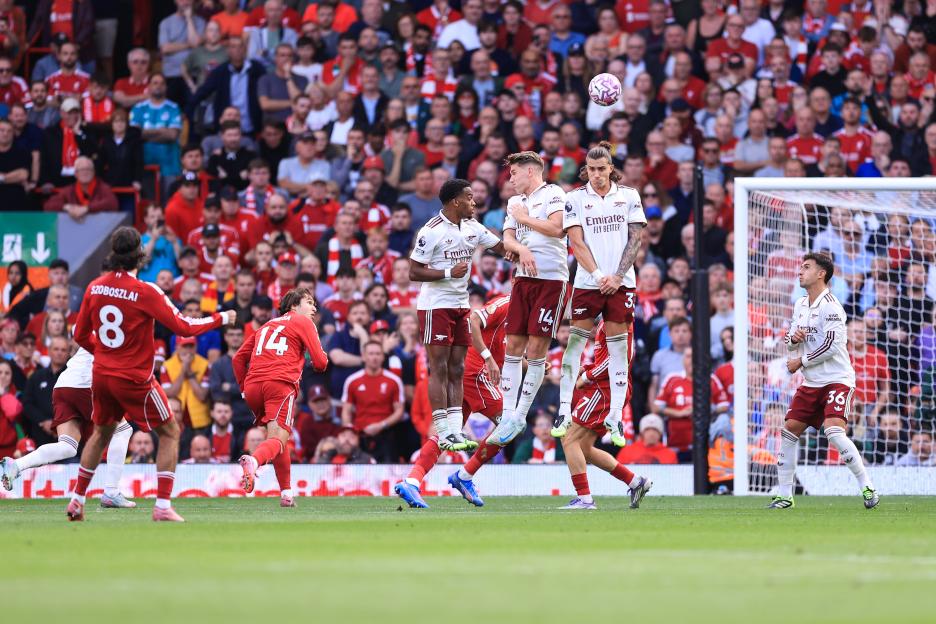 Dominik Szoboszlai scoring a goal for Liverpool.