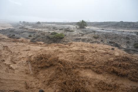 Rain-damaged ravines in Lanzarote during a storm.