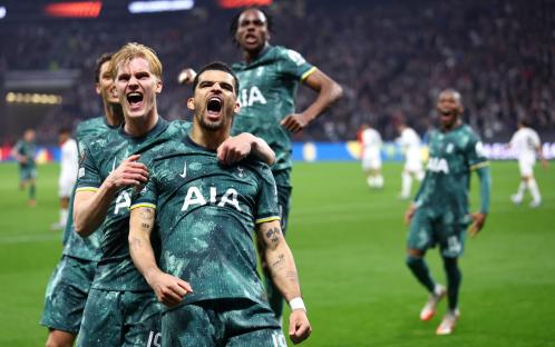 EDITORIAL USE ONLY No use with unauthorised audio, video, data, fixture lists, club/league logos or "live" services. Online in-match use limited to 120 images, no video emulation. No use in betting, games or single club/league/player publications. Mandatory Credit: Photo by Chloe Knott/Tottenham Hotspur FC/REX/Shutterstock (15253961eu) Dominic Solanke of Tottenham Hotspur celebrates scoring their teams first goal Eintracht Frankfurt v Tottenham Hotspur, UEFA Europa League, Quarter Final, Second Leg, Football, Deutsche Bank Park, Frankfurt, Germany - 17 Apr 2025