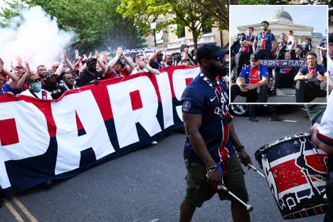 PSG fans take over Trafalgar Square ahead of Arsenal clash as they march through London for Champions League semi-final