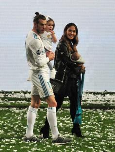 Gareth Bale with daughter Alba, fiancÃ©e Emma Rhys-Jones and baby Axel 