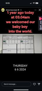 Image of a social media post announcing the birth of a baby boy a year ago, including a whiteboard with birth details.