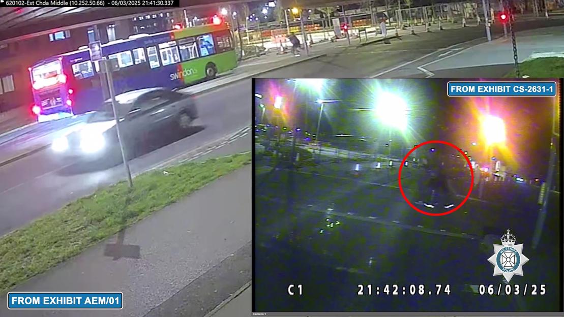 CCTV footage of an attempted kidnapping, showing a street scene with a bus and car on the left, and a blurry night vision view of a person (circled in red) attempting to grab a victim on the right.