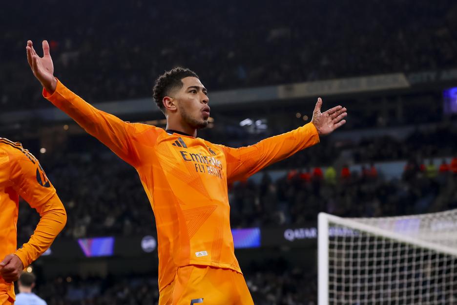 Jude Bellingham of Real Madrid celebrates scoring a goal.