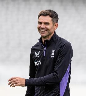 Jimmy Anderson of England smiles during a net session.