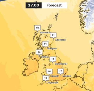 UK temperature forecast map showing temperatures at 17:00.