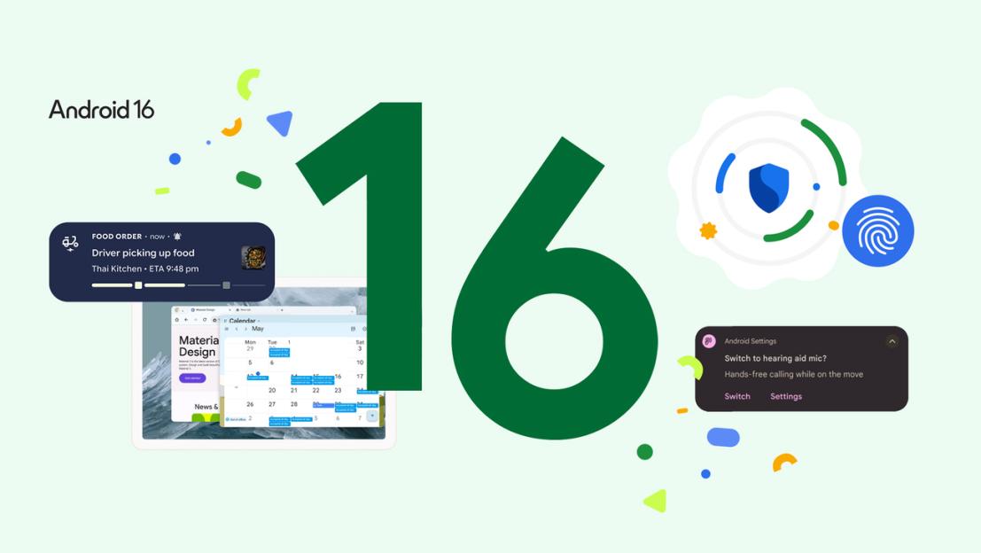 Illustration of Android 16 features, including notifications, calendar, and security settings.