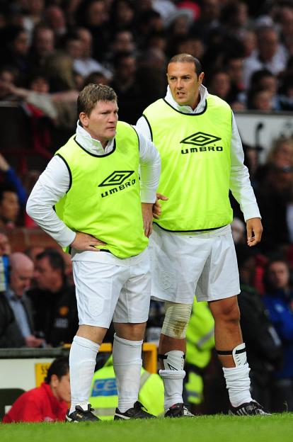 Ricky Hatton and Paddy McGuinness on the touchline during the 2010 Socceraid match at Old Trafford.