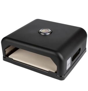 Black electric pizza oven with a beige pizza stone.