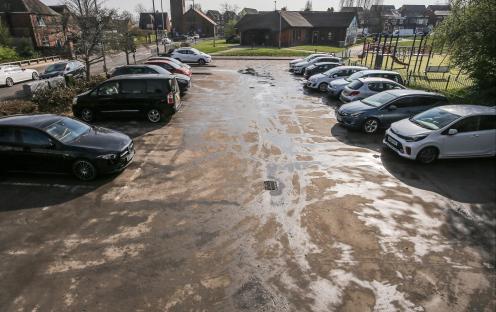 Before and after photos showing a car park piled high with rubbish bags, then cleared.